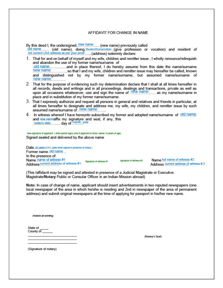 How to fill out affidavit of name change notarized it